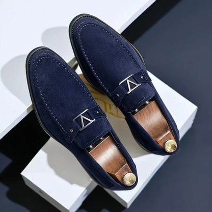 Men's slip-on loafers with geometric buckle detail and square toes