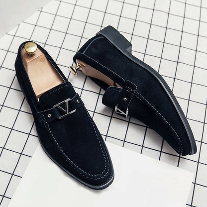 Men's slip-on loafers with geometric buckle detail and square toes
