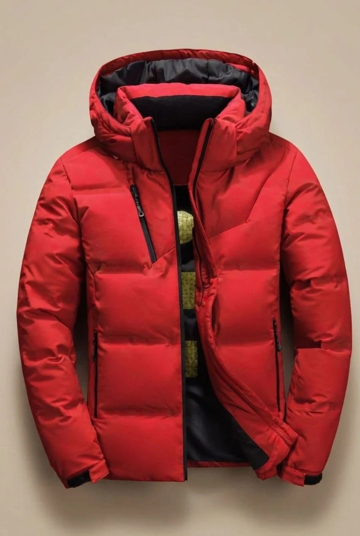 Men's hooded padded jacket with quilted panels and zip pockets