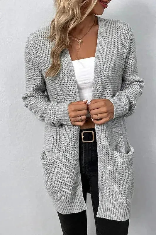 Women's longline ribbed knit cardigan with open front and long sleeves