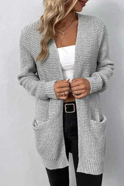 Women's longline ribbed knit cardigan with open front and long sleeves