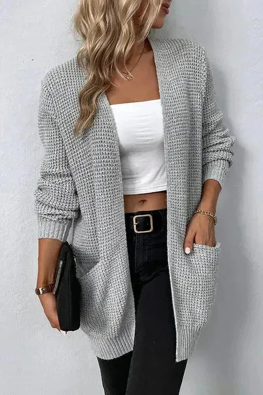 Women's longline ribbed knit cardigan with open front and long sleeves