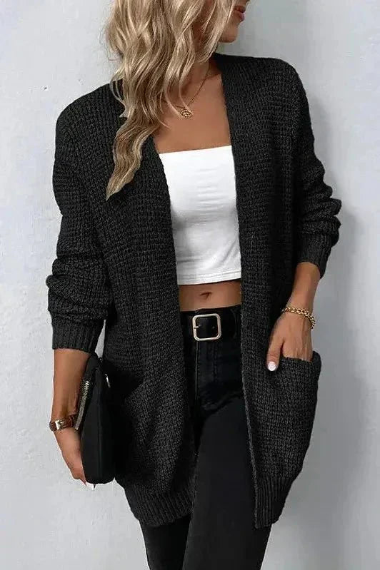 Women's longline ribbed knit cardigan with open front and long sleeves