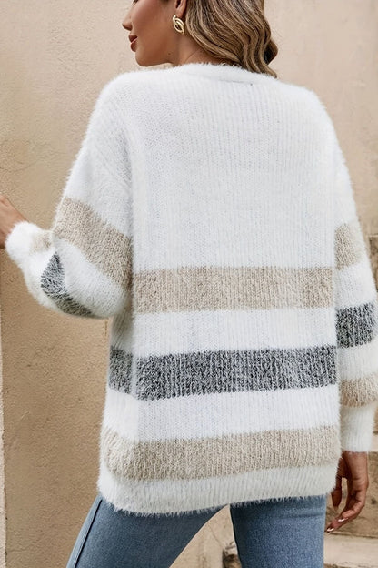 Women's striped button front cardigan with long sleeves