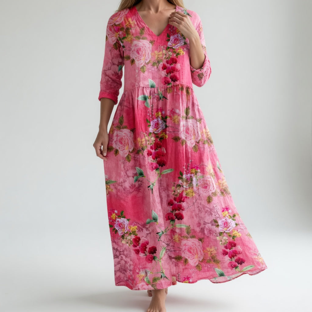 Women's Floral Print Maxi Dress — V-Neck Flowing Summer Maxi Dress