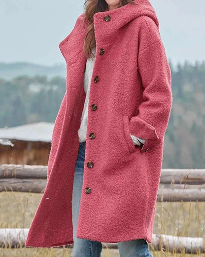 Women's long hooded button-front coat with textured finish