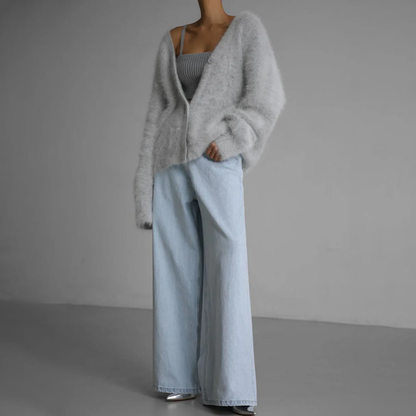 Women's loose fuzzy V-neck cardigan with button front
