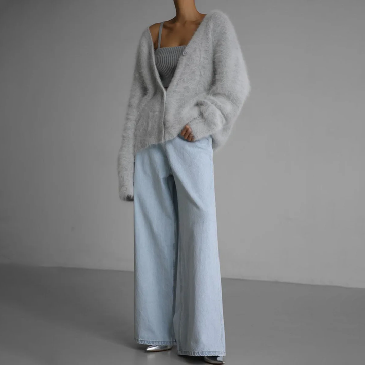 Women's loose fuzzy V-neck cardigan with button front