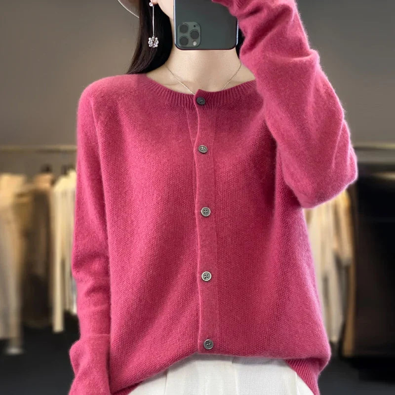 Women's long sleeve crew neck cardigan with button front and ribbed trims