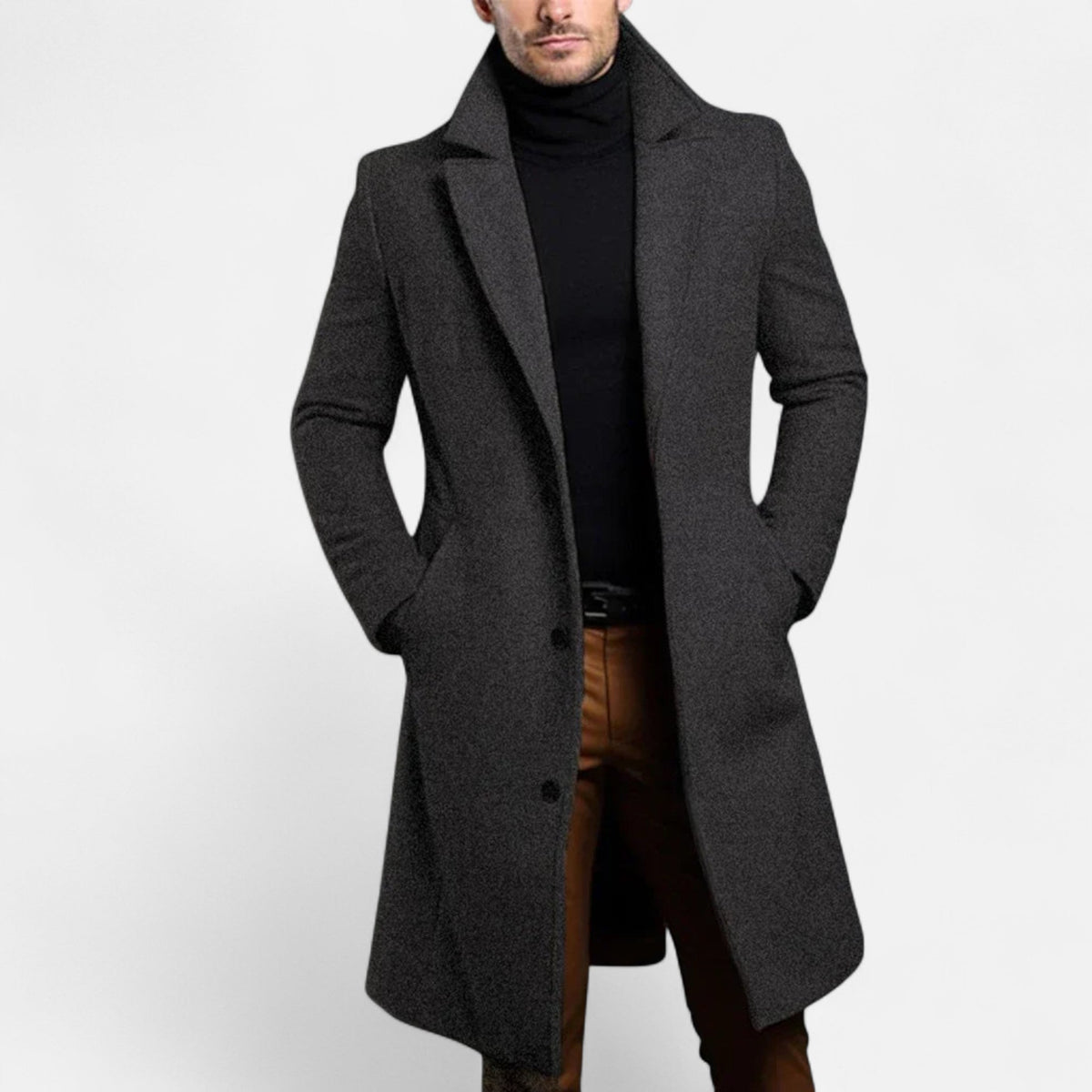 Men's long button-front coat with notched lapel and side pockets