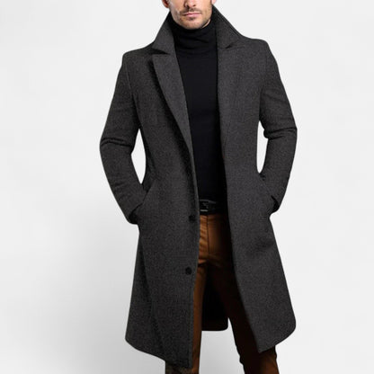 Men's long button-front coat with notched lapel and side pockets