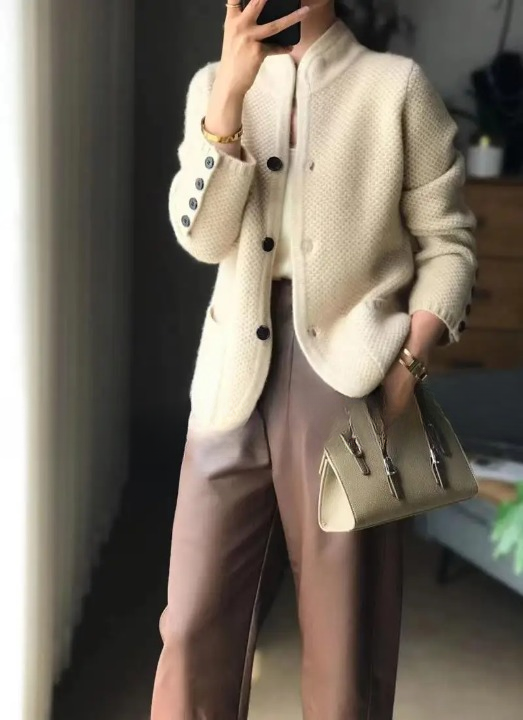 Women's textured button front cardigan jacket with stand collar and patch pockets