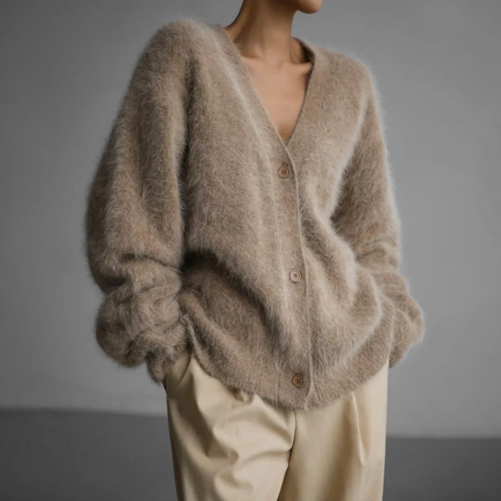Women's loose fuzzy V-neck cardigan with button front