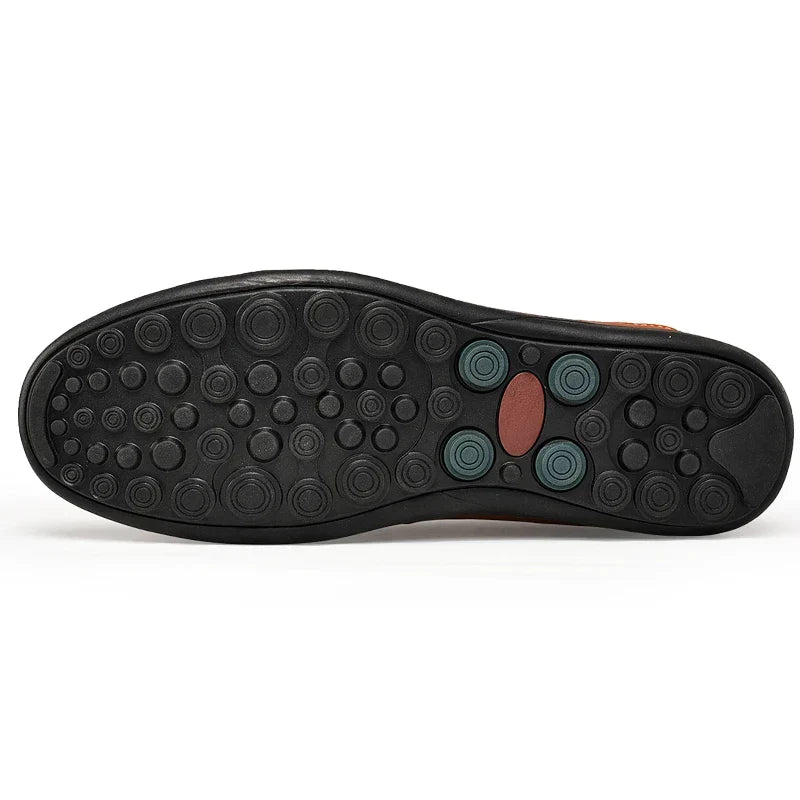 Men's slip-on loafers with moc-toe stitching and textured flat soles