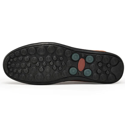 Men's slip-on loafers with moc-toe stitching and textured flat soles