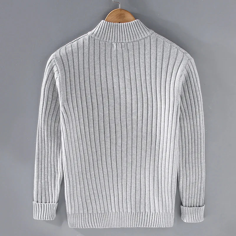 Men's ribbed knit cardigan with mock collar and full front zipper