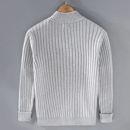 Men's ribbed knit cardigan with mock collar and full front zipper