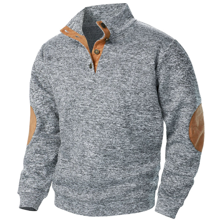 Unisex quarter zip sweater with stand collar and elbow patches