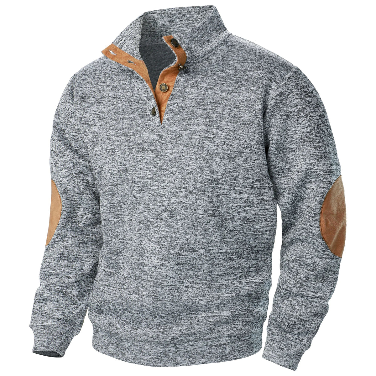 Men's textured mock neck sweater with button placket and contrast elbow patches