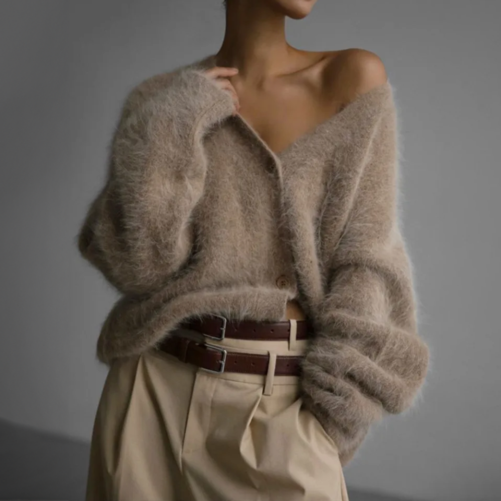 Women's loose fuzzy V-neck cardigan with button front