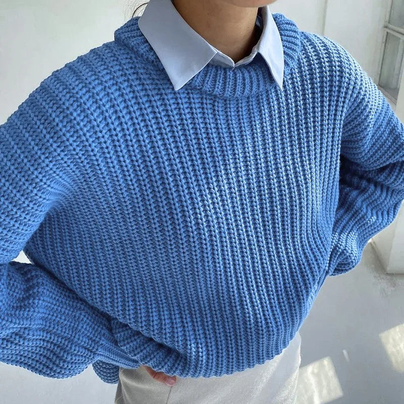 Women's ribbed knit sweater with crew neck and long sleeves