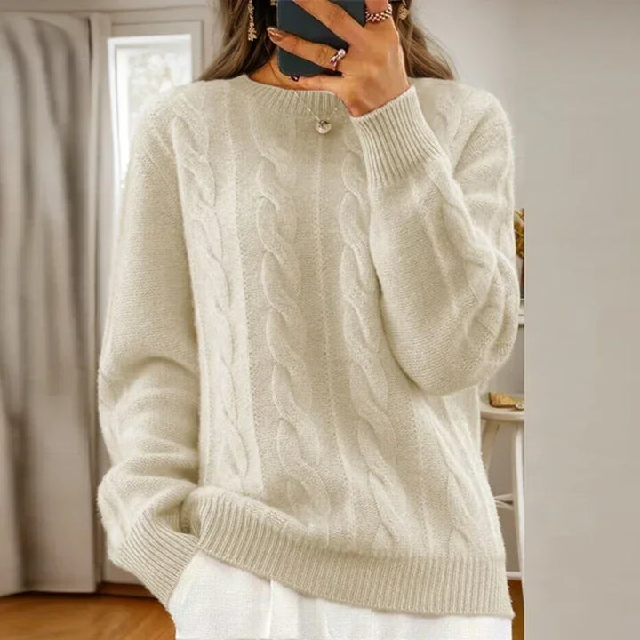 Women's cable knit crew neck sweater with long sleeves