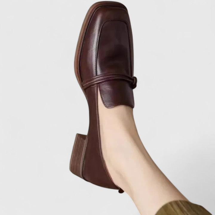 Women's square-toe slip-on loafer with low block heel and vamp strap detail