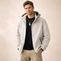 Men's hooded zip-front rain jacket with long sleeves and side zip pockets