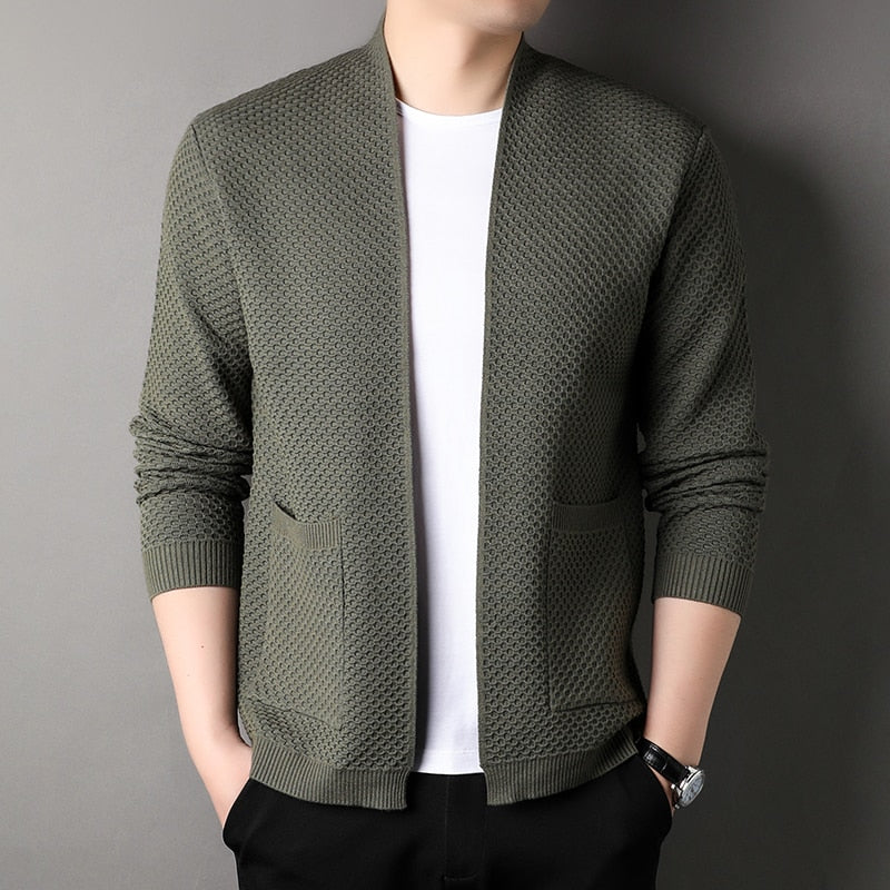 Men's textured open front cardigan with patch pockets