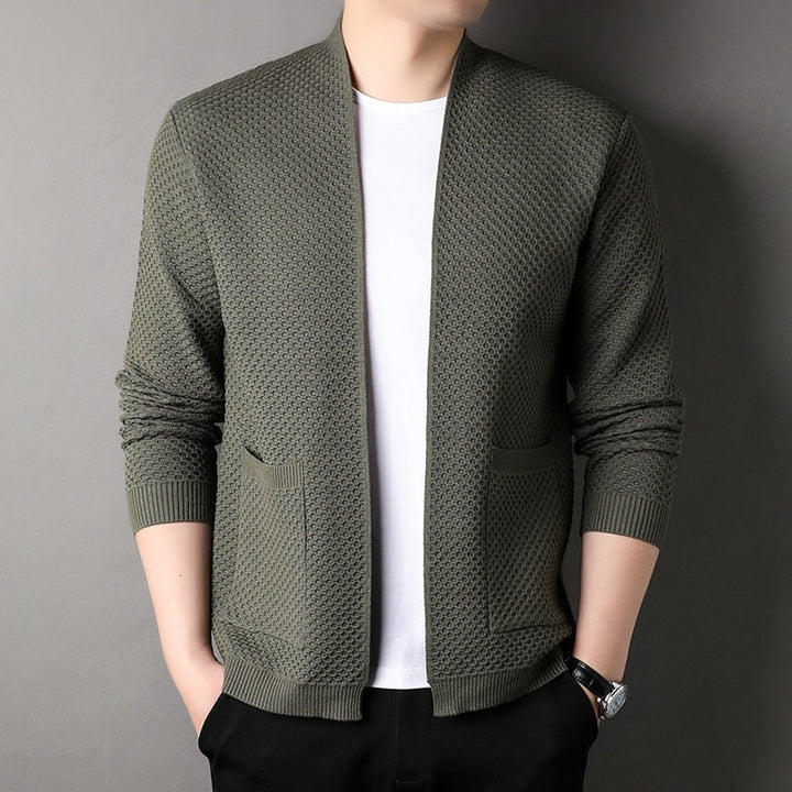 Men's textured open front cardigan with patch pockets
