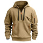 Men's hooded sweatshirt with half-zip front and multiple zip pockets