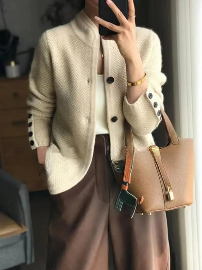 Women's textured button front cardigan jacket with stand collar and patch pockets