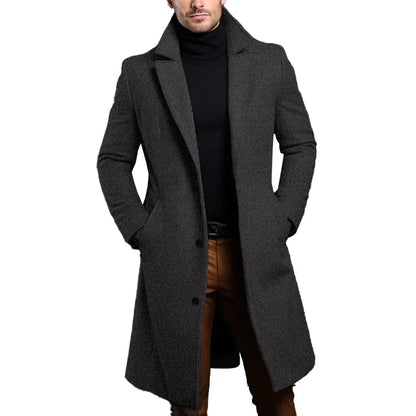 Manteau long homme habillé coupe ajustée à col à revers et boutonnage devant