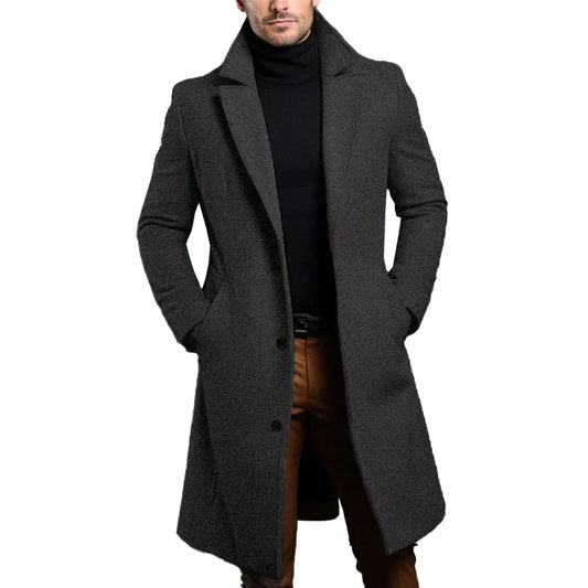 Manteau long homme habillé coupe ajustée à col à revers et boutonnage devant