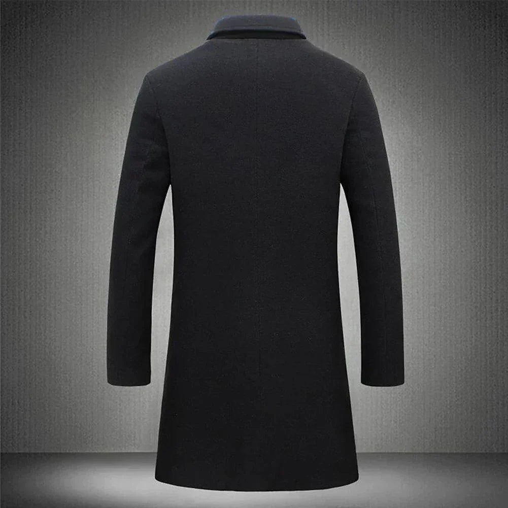 Manteau long homme habillé coupe ajustée à col à revers et boutonnage devant