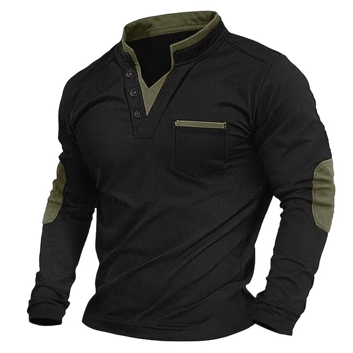 Men's V-neck pullover with chest pocket and contrast elbow panels