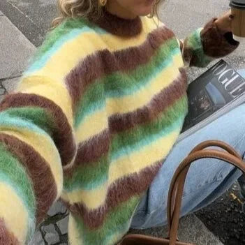 Pull femme rayé à col rond, manches longues, coupe oversize