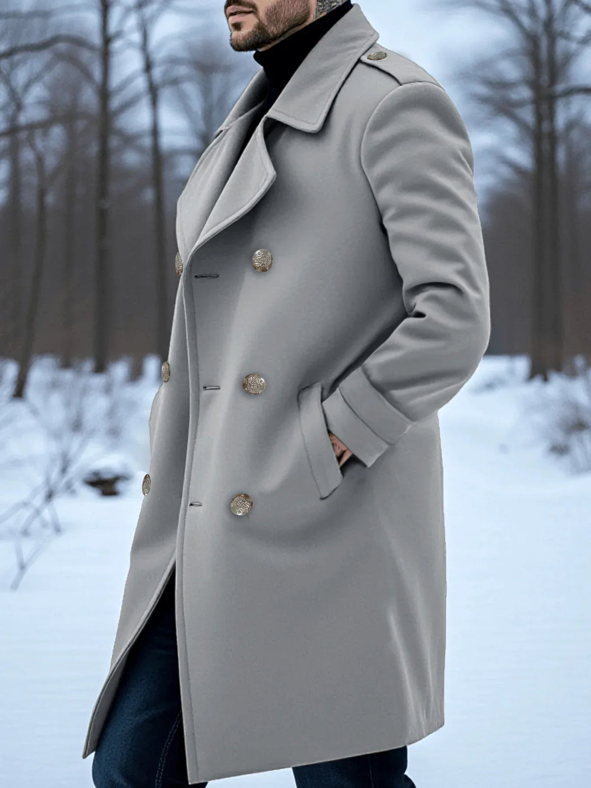 Men's longline double-breasted trench coat with notched lapels and shoulder tabs