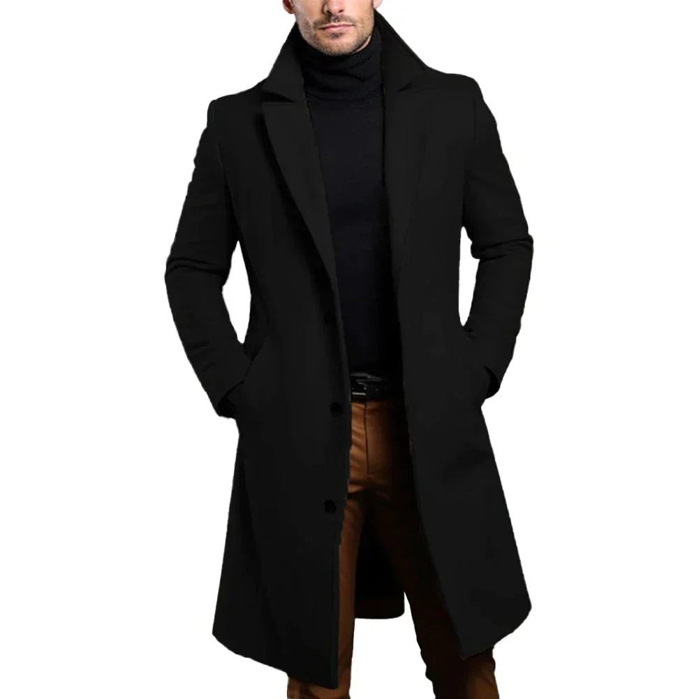 Manteau long homme habillé coupe ajustée à col à revers et boutonnage devant