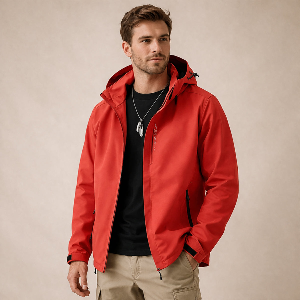 Men's hooded zip-front rain jacket with long sleeves and side zip pockets