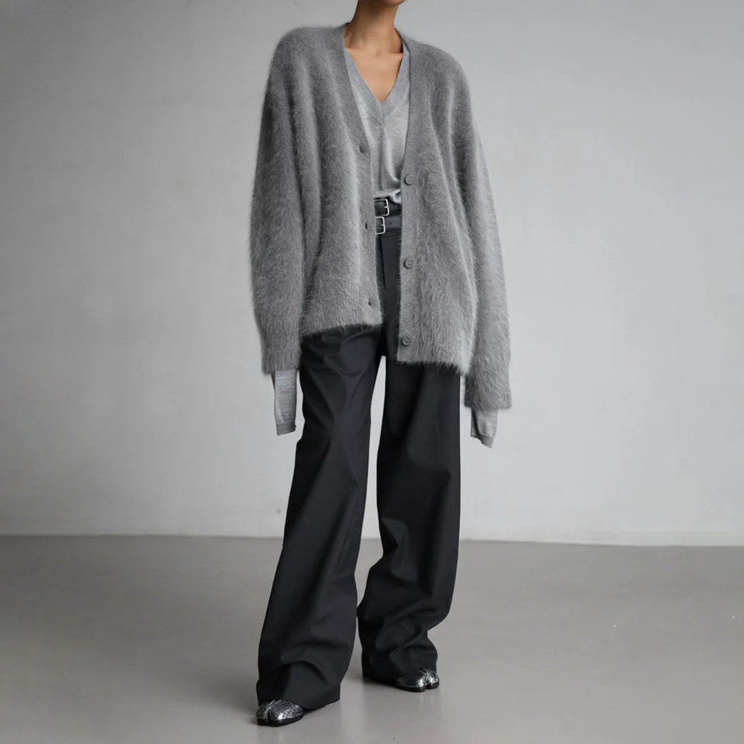 Women's loose fuzzy V-neck cardigan with button front