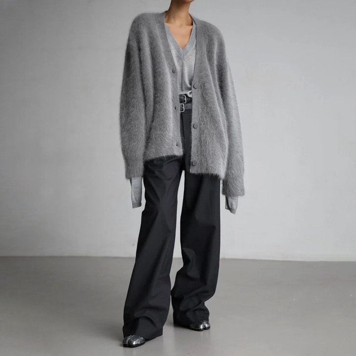 Women's loose fuzzy V-neck cardigan with button front