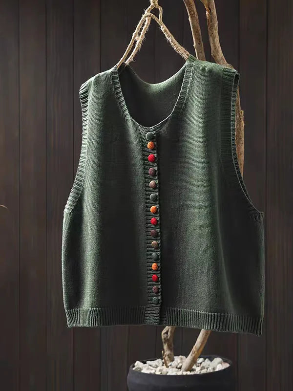 Women's sleeveless button front knit cardigan vest with V-neck and ribbed edges