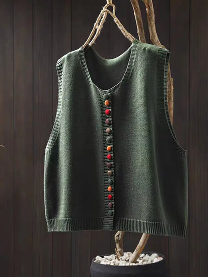 Women's sleeveless button front knit cardigan vest with V-neck and ribbed edges