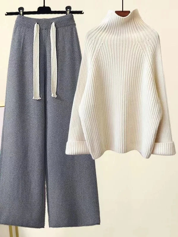 Women's ribbed turtle-neck sweater and wide-leg trouser set