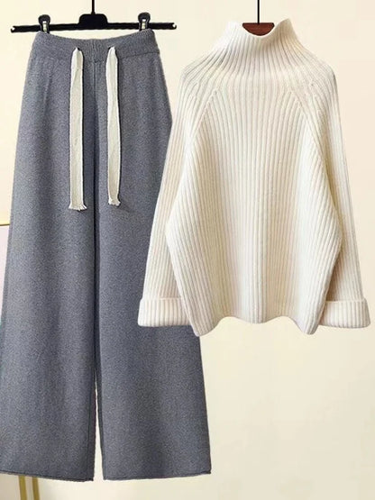 Women's ribbed turtle-neck sweater and wide-leg trouser set