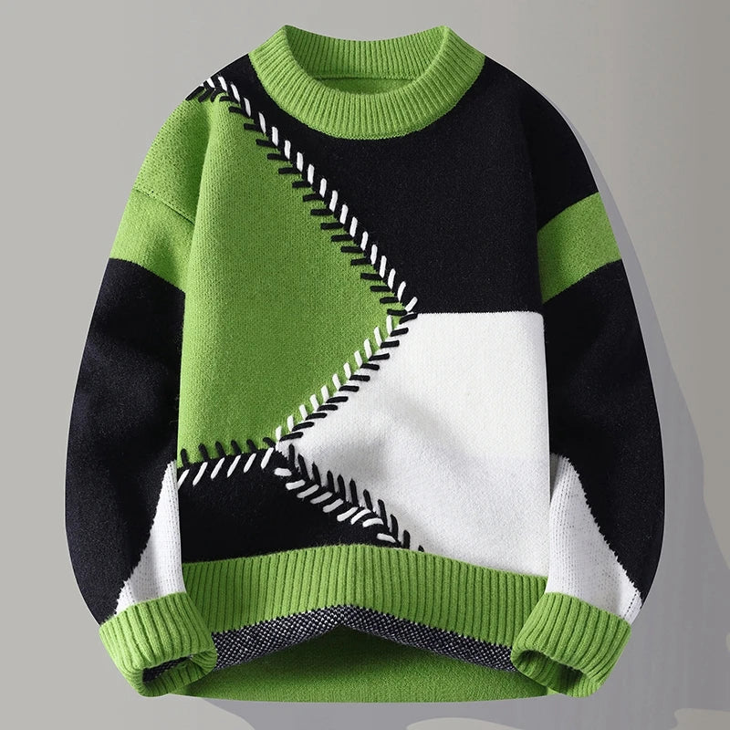 Unisex geometric patchwork crew neck sweater with long sleeves and ribbed trims
