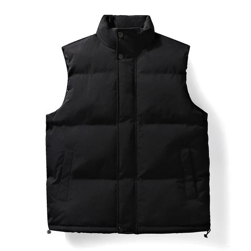 Men's navy quilted sleeveless puffer vest with mock neck and snap front
