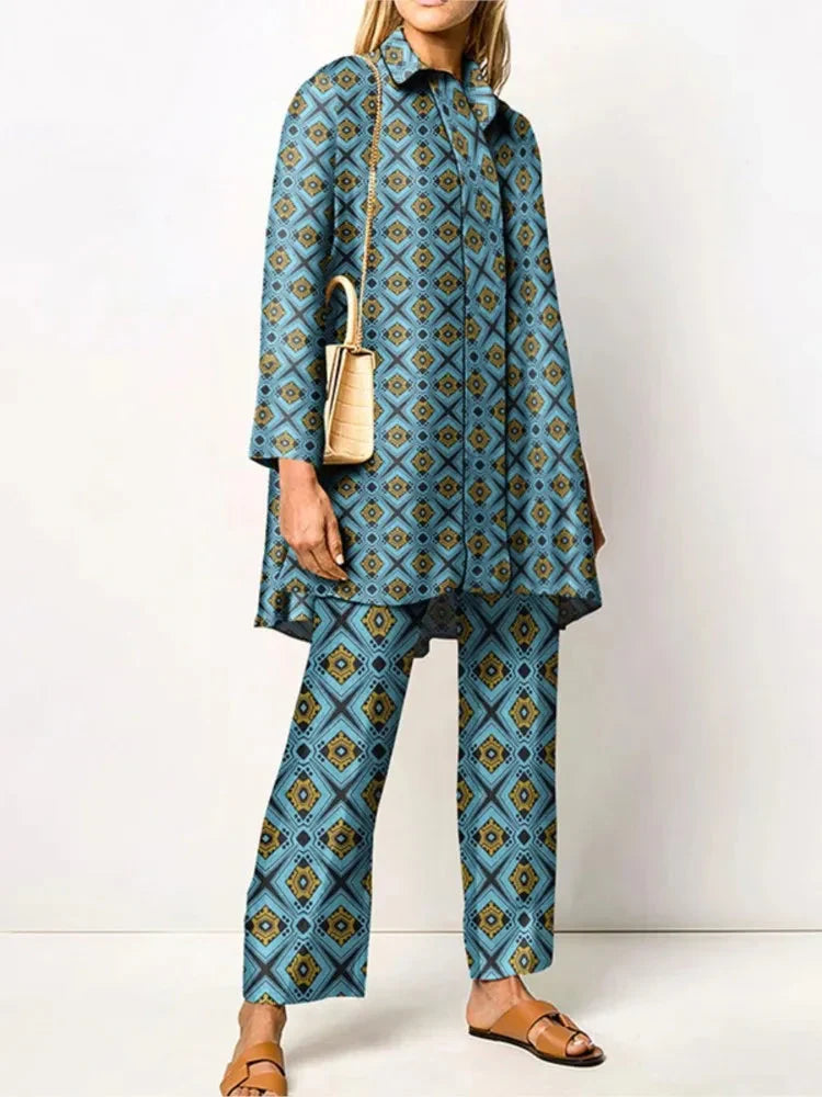 Women's geometric print blouse and wide-leg trousers two-piece set