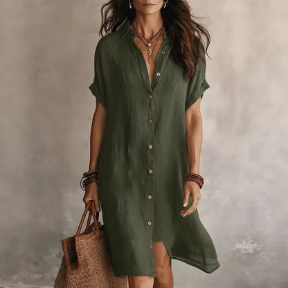 Women's button-front shirt midi dress with short sleeves and asymmetric hemline